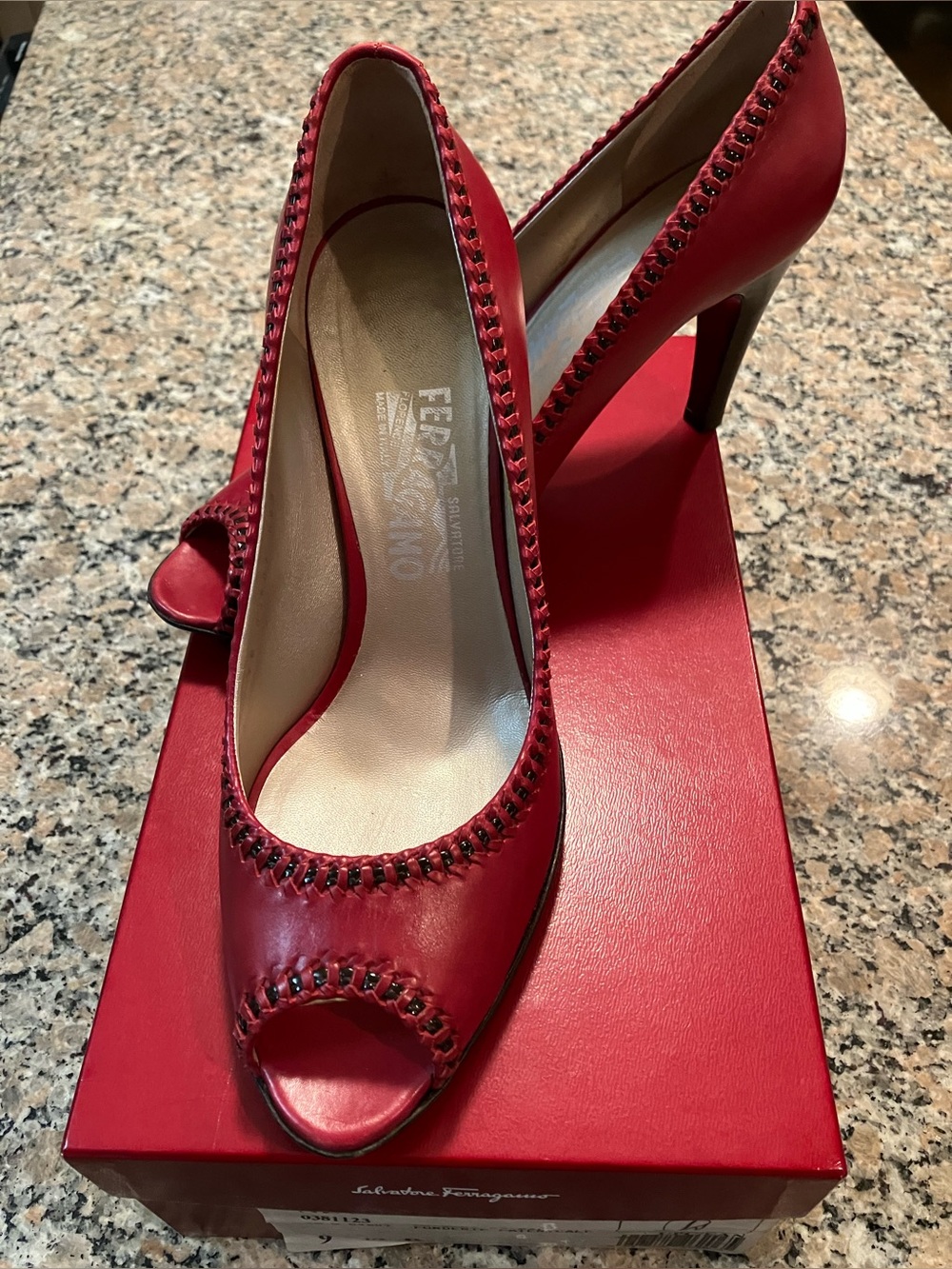 Salvatore Ferragamo 9.5B Peep-Toe Stitched Leather Nevis 8cm Heels